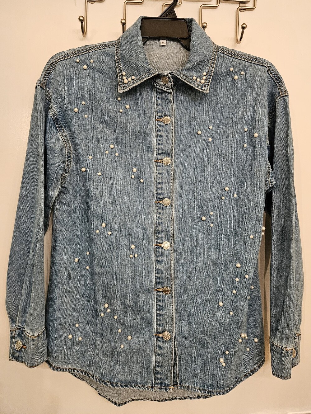 Womens Pearl Embellished Denim Shirt Jacket Blue Light Wash Button Front, S